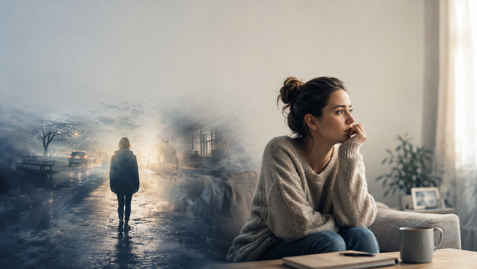 pourquoi-revit-on-sans-cesse-le-meme-souvenir-traumatique Illustration représentant une personne confrontée à des souvenirs traumatiques envahissants et à des reviviscences liées à un traumatisme psychologique.